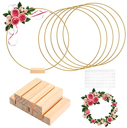 NAEBRO 6 Stück Metallringe mit 30cm Gold Metallring zum Basteln, Metall Deko Ringe mit Holzständer, Kranz Metallringe zum Basteln Makramee Ringe DIY Basteln Handwerk