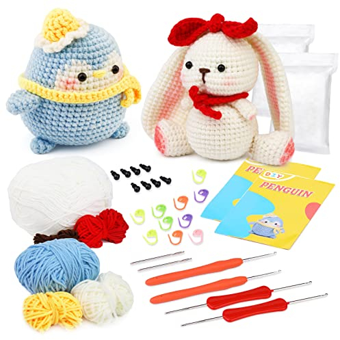 Ruasol Häkelpaket für Anfänger, Häkelpaket mit Garn, DIY-Häkelpaket für Anfänger, Schritt-für-Schritt-Anleitungsvideo, Häkel-Starter-Kit für DIY-Bastelkunst, Pinguin und Hase