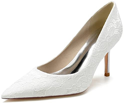 Wedding Shoes for Girls, 3 Inch Heels Comfortable Women's Pumps Shoes Slip-on Ladies Closed Toes Court Shoes, Stiletto Heel Sandals with Arch Support for Women,White,5 UK