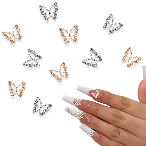 IOSPKKIO® 10 Stück Legierungs-Schmetterlings-Nagel-Charms (5 Gold, 5 Silber) Metall-Schmetterlings-Nagel-Kunst-Anhänger Strasssteine für Nägel Nagel-Edelsteine