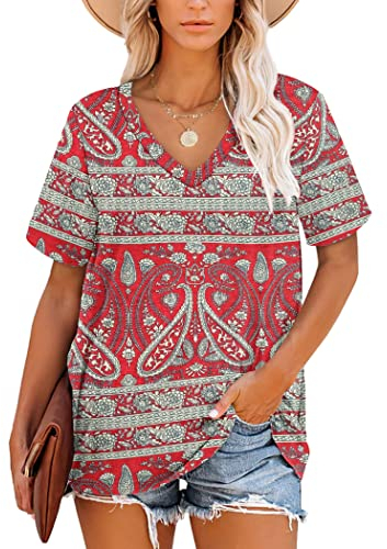 MOLERANI Damen-Oberteil, V-Ausschnitt, kurzärmelig, T-Shirt, Sommer, lässige Tunika (Boho Blumenrot, XXL)
