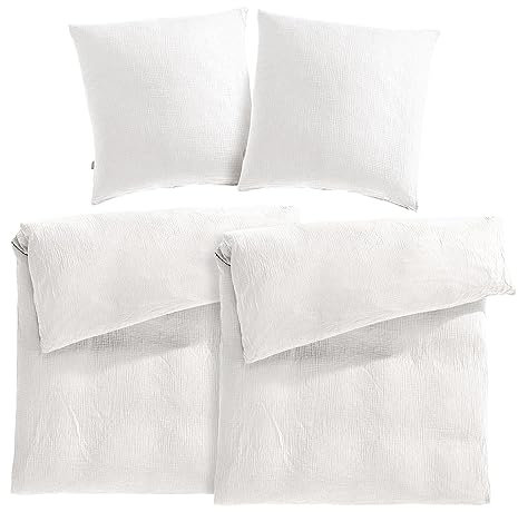 Pure Label Musselin Bettwäsche 155x220 4-teilig bestehend aus Bettbezug 155 x 220 cm 2er Set, Kissenbezug 80x80 cm 2er Set aus Baumwolle - Traumhaft kuschelige Bettwäsche-Sets in weiß