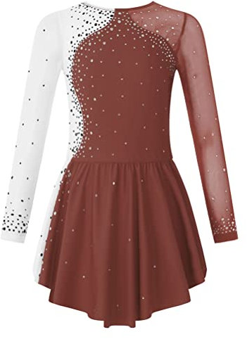 Aislor Tanzkleid Mädchen Pailletten Eiskunstlauf Kleid Kinder Langarm Ballettkleid Tanztrikot mit Rock Kleider Gymnastikanzug Wettbewerb Tanz Kostüme W Braun 146-152