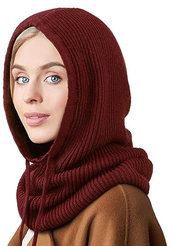 Kapuzenschal, Strick, Sturmhaube, Damen, Beanie, Totenkopfmütze mit Kordelzug, warme Wintermützen für Damen und Herren, Outdoor-Sport, 1 x Kapuzenmütze: Burgunderrot, Einheitsgröße
