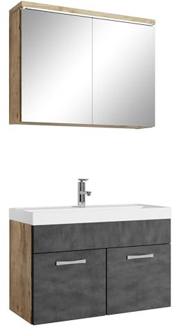 Badplaats B.V. Conjunto de Muebles de baño Paso 02 80 x 40 cm - Roble Castaño con Gris Oscuro - Mueble de baño con Lavabo y Mueble con Espejo