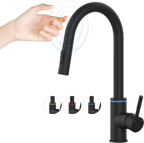 Homesbrand Robinet d'évier de cuisine en acier inoxydable brossé noir avec écran LED, contrôle tactile, pivotant à 360°, pulvérisateur extractible, 2 modes de pulvérisation, robinet réglable de la