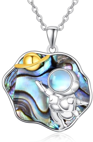 TANGPOET Saturn Planet Halskette Silber 925 Abalone Schale Universum Raumfahrt Anhänger Kette Mondstein Astronaut Schmuck Geschenke für Damen Teen Mädchen Astronaut mit 18+2 Kette