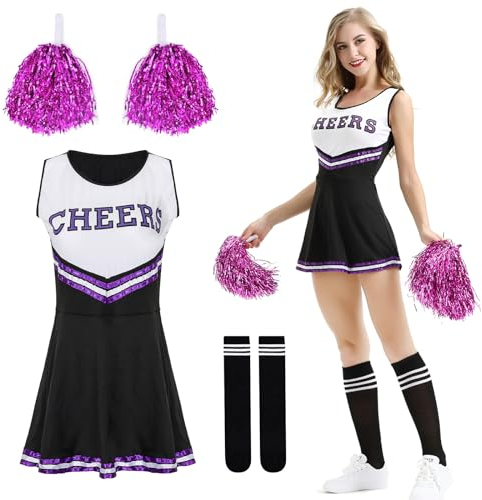Cheerleader Kostüm Damen,Kostüm Cheerleader,Cheerleadering Outfit Mädchen,Kostüme für Erwachsene,Cheer Outfit Fasching Party Halloween Kostüm Kleid mit Pompoms Socken,Karneval,Mottoparty.