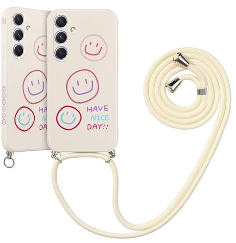 Pnakqil Coque pour Samsung Galaxy A54 5G 6.4 avec Cordon, Etui avec Smile Face Dessin Latéral Mignon Motif Joli et Esthétique Chain Case Souple Cordage Cover Cadeau TPU Housse Téléphone