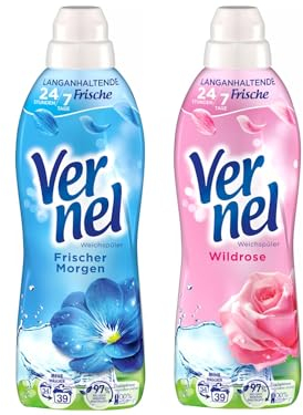 VERNEL Weichspüler-Set 2x 39 Waschladungen (78WL) 1x Frischer Morgen & 1x Wildrose, Wäscheduft für 24 Stunden & 7 Tage langanhaltende Frische mit einzigartiger Duft-Technologie