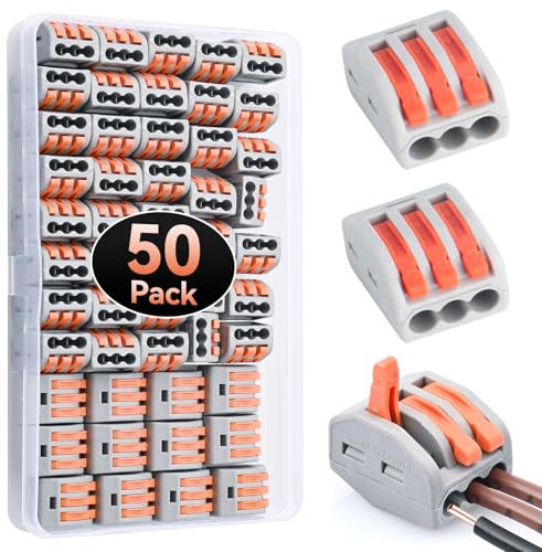 50 Pezzi Connettori Elettrici con Polo,Preciva PCT-213 Leva-Dado Cavo Connettore, 3 Porte Conduttore Compatto Connettore, Morsettiera Connettore Molla, Morsettiera Cavo Connettore Rapido