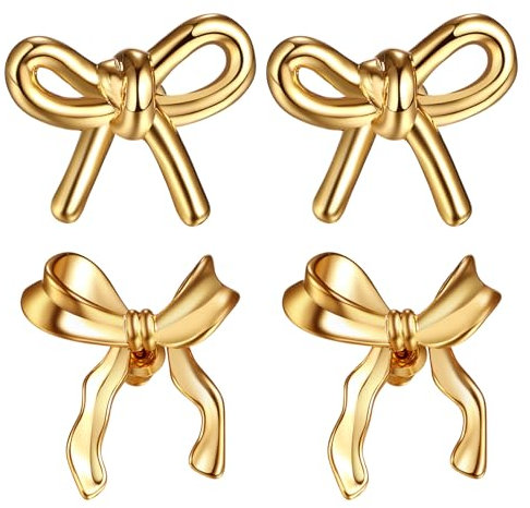 Cupimatch Schleifen Ohrringe Damen Set: Niedliche 14K Schleife Ohrstecker Gold Bow Ribbon Earrings Geschenke für Frauen Mädchen