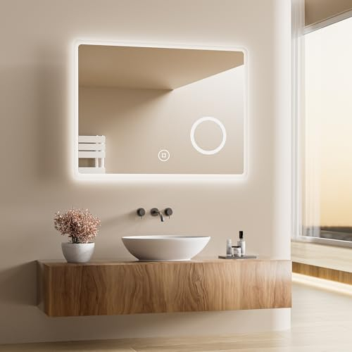 Heilmetz Badspiegel mit Beleuchtung LED 80x60cm, Badezimmerspiegel mit Licht, 3X Vergrößerung, Touch Schalter, Wandspiegel mit Beleuchtung, 6500K Kaltweiß, Energiesparend