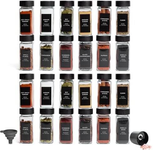 Livabl Bamboo Spice Jars with lids (120ml 24 pack) & Labels Glass Storage Jars with Bamboo Lids, 80 Minimalist Waterproof Spice Jar Labels- Airtight Kitchen Containers (Black)