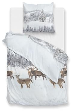 Zo!Home Flanell Bettwäsche 155x220 cm Cervo White Hirsch Wald Winter Bäume