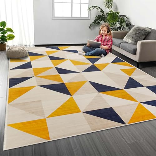 MOONLIGHT20015 Rugs Living Room 120 x 170 cm - Geometric Style Yellow Triangle Pattern Area Rugs for Bedroom Dining Room – Non Slip Large Bedside Rug Printed Carpet for Lounge, Brio
