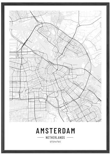 JUNOMI® Amsterdam Poster DIN A3 mit Rahmen Schwarz, DIN A3 Wohnzimmer Deko, Modernes Wandbild, Amsterdam Bild, Wandbild mit Rahmen, Stadtplan Poster Amsterdam, perfekte Geschenkidee für Amsterdamer