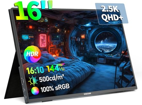 BOMJUPBR 16 Inch 2.5K Portable Monitor, 144Hz 2560x1600P QHD HDR Freesync Gaming, USB-C HDMI Second External Display for Laptop/PC/Mac/Phone/PS5/Xbox/Switch