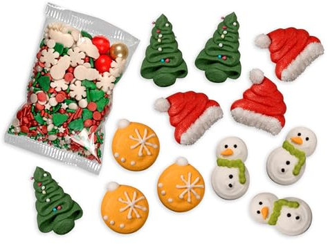 Bombasei Kuchendekor Weihnachtsset - 12 liebevoll gestaltete Zuckerfiguren + 25g bunte Weihnachtsstreusel - Deko für festliche Kuchen, Plätzchen & Desserts - Ideal für die kreative Weihnachtsbäckerei