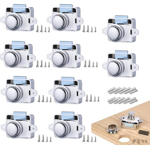 TOOSOAR 10 Pièces Verrous à Bouton-Poussoir,14-16 mm Serrure de Meuble,pour Camping-Cars, Yachts, Bateaux, RV Camping Armoire, Caravane (Chrome brillant)