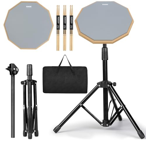 Drum Practice Pad Snare Drum Stand Set 12 In With Double Sided Silent Drum Pad, Drum sticks,Carrying Bag Adjustable Stand (Grey)