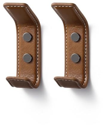 SORWDUERM 2 Pack Brown Leather Coat Hooks Wall for Hanging Rectangle Coat Hooks for Hanging Robe Towels Bags Hats Scarf Keys Clothes Suitable for Bedroom, Entryway and Closet