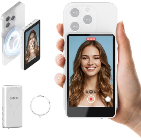 SYNCO XView Magnetic Wireless Phone Monitor for iPhone & Android, 4K/1080p Rear Camera Vlog Screen with 164FT Range, Built-in Speaker for YouTube TikTok Live Streaming (White)