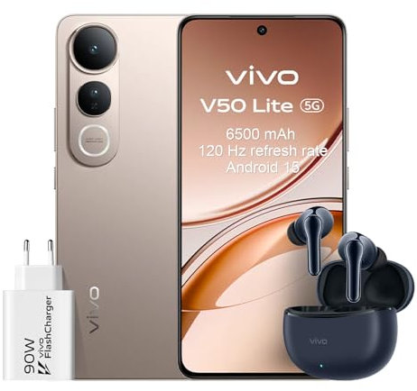 VIVO V50 Lite 5G Smartphone 8GB 256GB, 120Hz 6.77 AMOLED, 6500mAh Batería, Cámara Triple de 50 MP, MediaTek Dimensity 6300, Android 15, Dual Sim, NFC, Oro(con Auriculares TWS 3e & Cargador 90W)