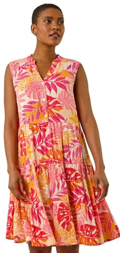 Roman Originals Cotton Tropical Lace Detail Tiered Dress for Women UK - Ladies Everyday Holiday Spring Summer V-Neckline Comfy Soft Evening Vacation Work Party - Pink - Size 18