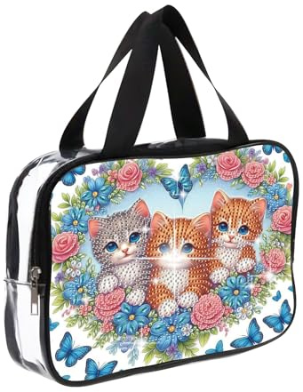 JICFDAO Chat Diamond Painting Trousse Maquillage 25.5x18.5x6.5cm Peinture Diamant Trousse de Toilette Transparente Broderie Diamant Makeup Bag Sac de Voyage Polyvalent pour Quotidienne et aux Sorties