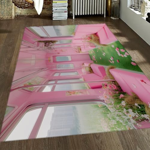 FEIPUHOME Art Rosa Romantischer Stil Teppiche Blumen Rasen Bank Muster Indoor Haustür Matte Weich Großer Esszimmerteppich für Mädchen Paar Zimmer Schlafzimmer Niedriger Flor 150x240cm