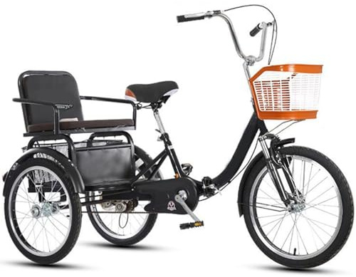 WhFKLca Dreiräder für Erwachsene, 20-Zoll-Dreiräder für Erwachsene, Doppelkette, Doppelbremse, Tandem-Fahrrad für Paare/Eltern und Kinder für Freizeit, Einkaufen und Picknicks Black