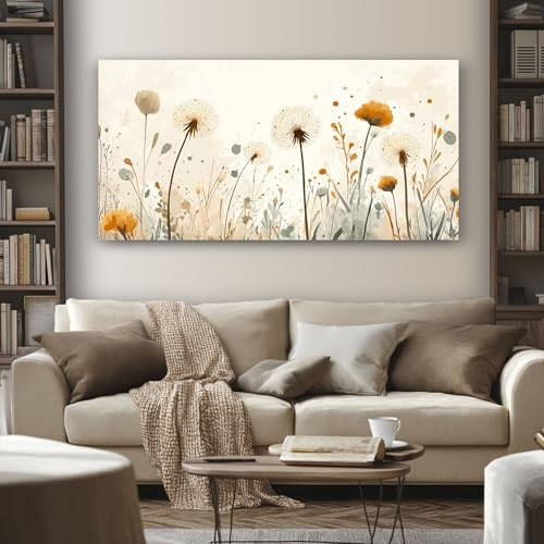 SKOEUI Wandbilder Aquarell Pusteblume, Floral Leinwandbilder 60x120 cm | Wohnzimmer Wiesenblumen für Schlafzimmer Gemälde als, Mehrfarbig Fertig auf Holzrahmen Gespannt