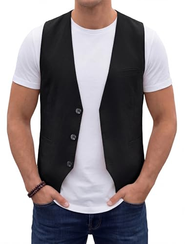 HISDERN Gilet d'été pour homme coton et lin avec poches léger et respirant