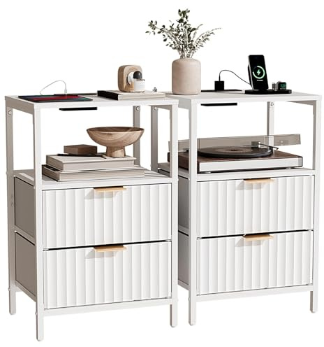 Bonnlo Nachttisch 2er Set, Beistelltisch mit 2 Stoffschubladen und offenes Fach, Nachtschrank mit Steckdose und USB, Nachtkommode für Boxspringbett, Schlafzimmer, 38x30x60 cm, Weiß (2, weiß)