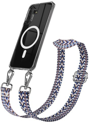 EAZY CASE Handykette - Verstellbares Taschenband kompatibel mit Galaxy A17, Schulterriemen, Handykordel mit Silikon Hülle, Qi Charging kompatibel, Umhängetasche, Blau Weiß Silber