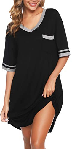 Vlazom Camicie da Notte da Donna Estate Vestito Lunga Morbido Traspiranti Scollo V Maniche Corta,Nero,XXL