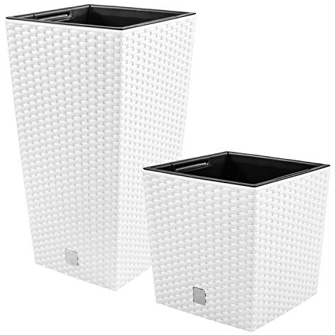 PAFEN Lot de 2 Pots de Fleurs Jardinière Extérieure 2 en 1 Aspect rotin avec Insert XL Blanc