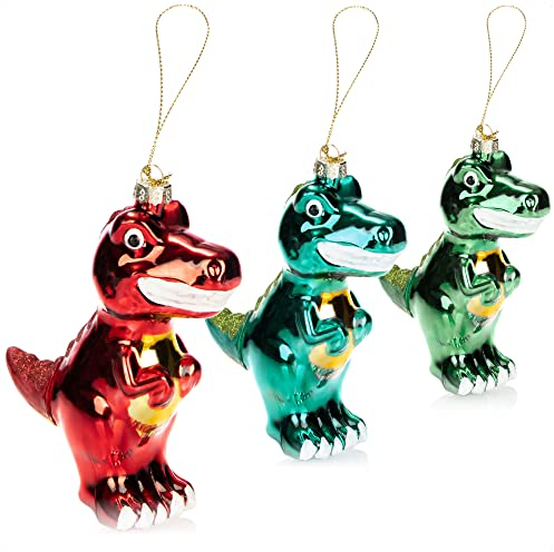 COM-FOUR® 3X Adornos para árboles de Navidad Premium - Dinosaurios Decorativos de Vidrio - Adornos para árboles como Adornos navideños - Colgantes para árboles de Navidad (Dinosaurio - 3 Piezas)