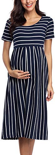 Love2Mi Robe de maternité décontractée à manches courtes pour femme - Robe mi-longue trapèze, Rayures blanches bleu marine, M
