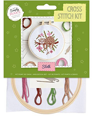 Simply Make Cross Stitch Kit - Sloth Design for Kids and Adults, Including Hoop, Embroidery Thread, Fabric and Needle - Perfect for Adult Crafts and Beginners - Starter Cross Stitch Craft Kit