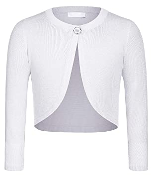 trudge Mädchen Strickjacke Bolero Basic Kinder Cardigan Kurz Bolerojacke lang Ärmel Schulterjacke Bolerojäckche Festlich Shrug Top kurz Zum Kommunionkleid Taufkleid Weiß 120