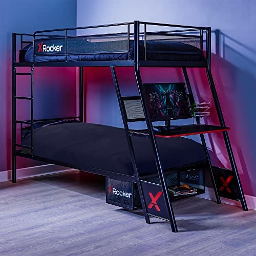 X-Rocker Armada Bunk Bed, Metal Frame Gaming Bed for Kids, Teens and Juniors, Built-in Gaming Desk for PC and Console Gaming, 90x190cm Gaming Bunk Bed, Compact Bed Design for Boys & Girls - BLACK