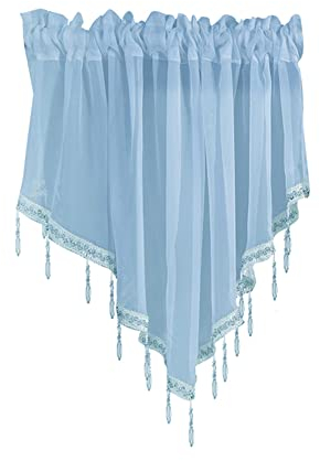 XiinxiGo Schöne Fertiggardine Fenstergardine Gardine aus Voile mit Faltenband Kräuselband Dreieckiger Perlenbesatz Vorhänge für Badezimmer Wohnzimmer,Blau,Weite 130 cm * Höhe 60 cm