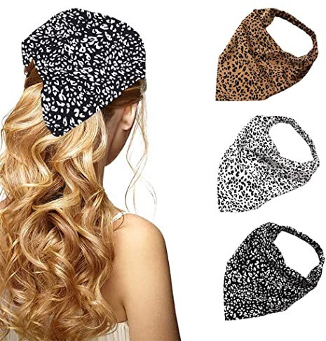 Zoestar Boho-Leoparden-Stirnbänder, schwarz, dreieckig, breiter Turban, Chiffon, Kopftuch, elastisches Haarband für Damen und Mädchen (3 Stück)