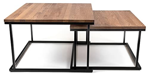 RIVERBANK® Couchtisch aus Eiche & Metall, Hochwertige Satztische aus Holz im 2er Set | Eckiger Sofa Tisch & Wohnzimmertisch aus Echtholz - 49cm hoch | Moderner Couch Beistelltisch, Dunkelbraun