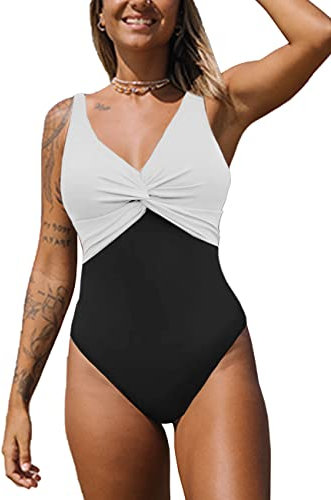 NLAND Costume Intero Donna da Contenitivo Push Up a Vita Alta Costumi con Scollo a V da Bagno Donna Beachwear dello Swimwear Imbottito(Nero+Bianco,XL)