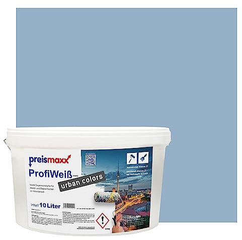 Preismaxx Profiweiß Wandfarbe blau 10L, hohe Deckkraft, Dispersionsfarbe innen, Innenwandfarbe Raumfarbe taubenblau deckend, Deckkraftklasse 2, matt Innenfarbe Profi Qualität