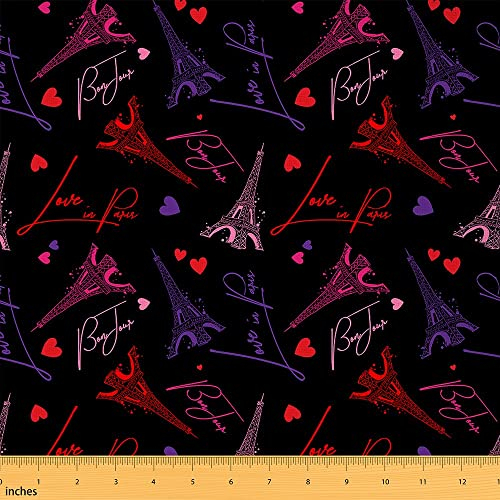 Paris Möbelstoff Eiffelturm Stoff Meterware Rot Lila Rosa Liebesherz Dekostoff Stadt Gebäude Wasserdichter Stoff Meterware Romantischer Stil Schwarz 276 x 150 (HxB)