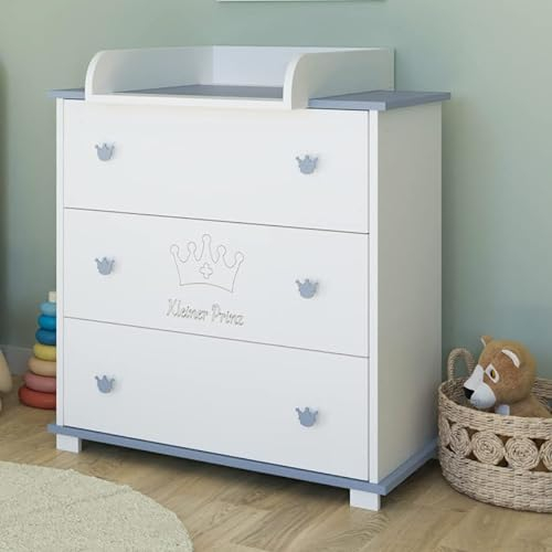 Wickelkommode Kommode Wickeltisch mit Wickelaufsatz mit 3 Schubladen und Kleiner Prinz Gravur in Weiss blau Junge Made in Europe
